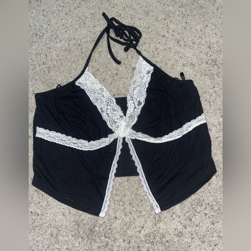 Black tiny little top halter top cropped tank top with white lace trim very YTK